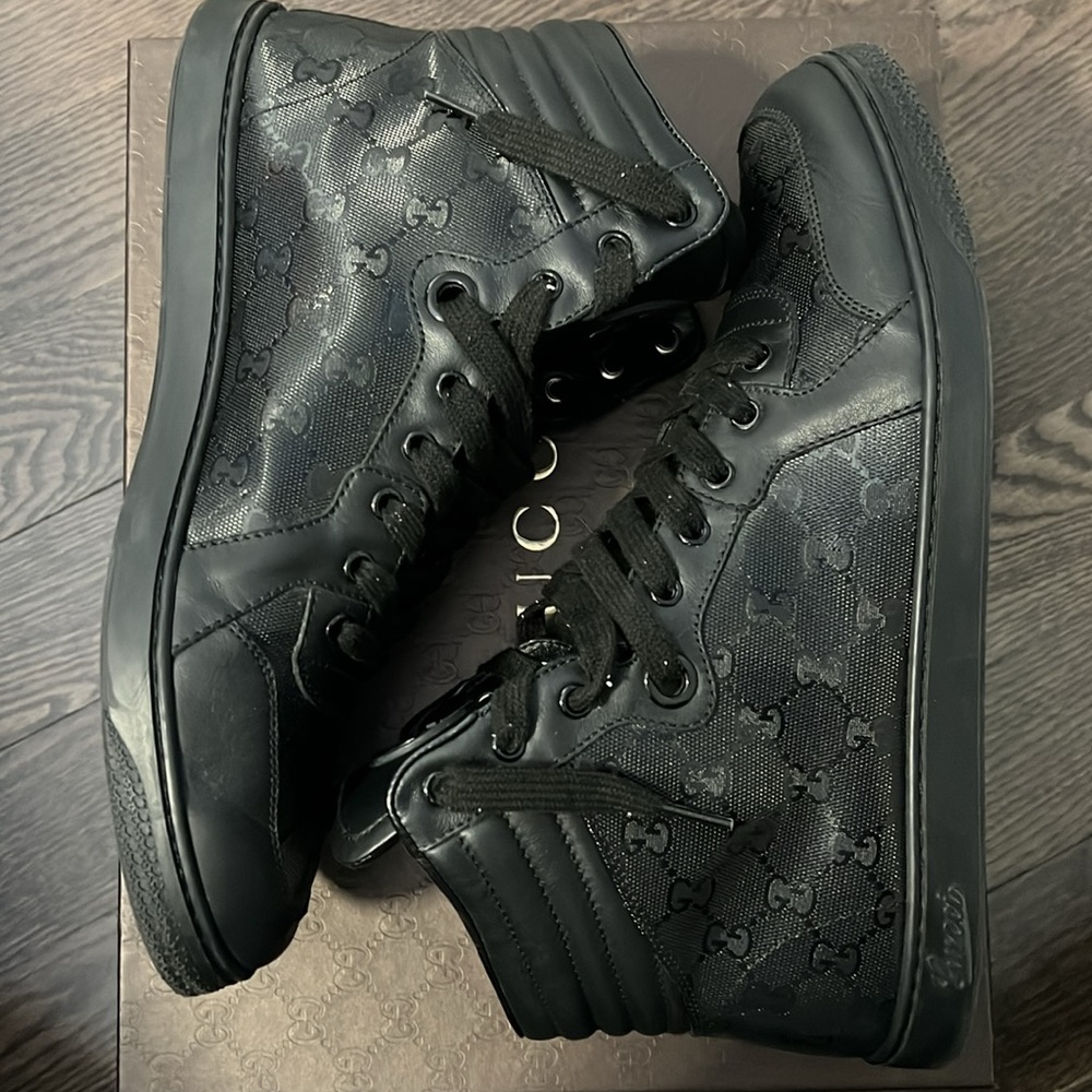 GUCCI IMPRIMEE/NEW PRAGA SOFT BLACK HIGH TOP SNEAKERS - Picture 8 of 13
